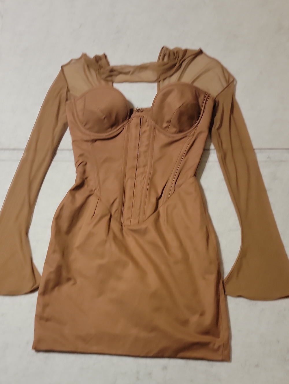 House of CB Mayara Sheer Long Sleeve Corset Mini Dress Brown Size XS Flawed
